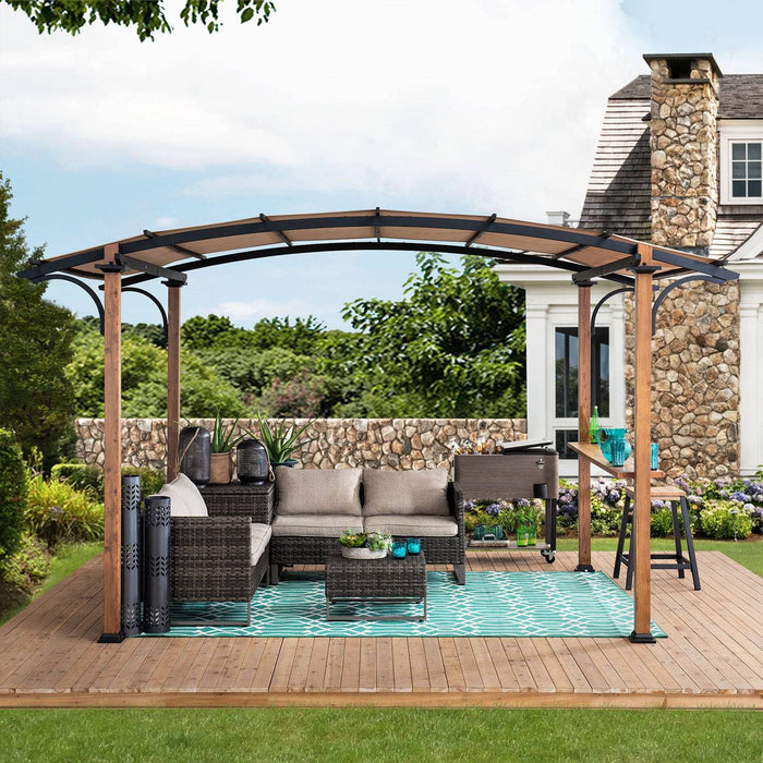 SUNJOY 9x13 Modern Tan Metal Arched Pergola Kit with Bar Shelf