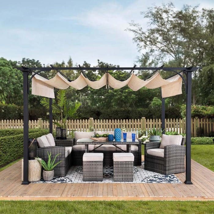 SUNJOY 9x12 Steel Retractable Pergola with Beige Roof for Backyard