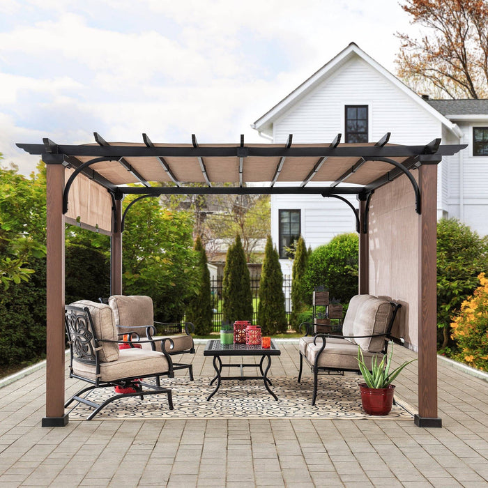 SUNJOY 11x11 Metal Pergola with Sliding Canopy & Wood-Look Finish