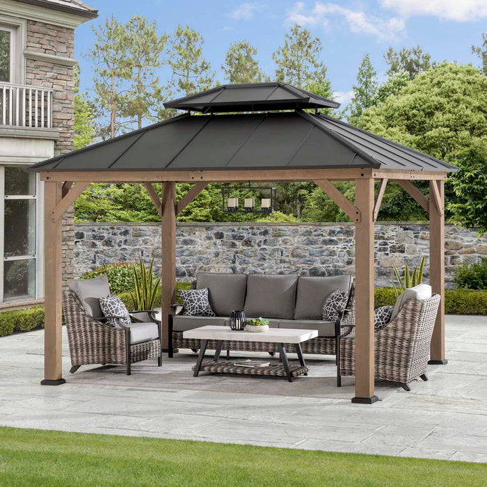 SUNJOY 10x12 Wood Gazebo with 2-tier Metal Roof and Ceiling Hook