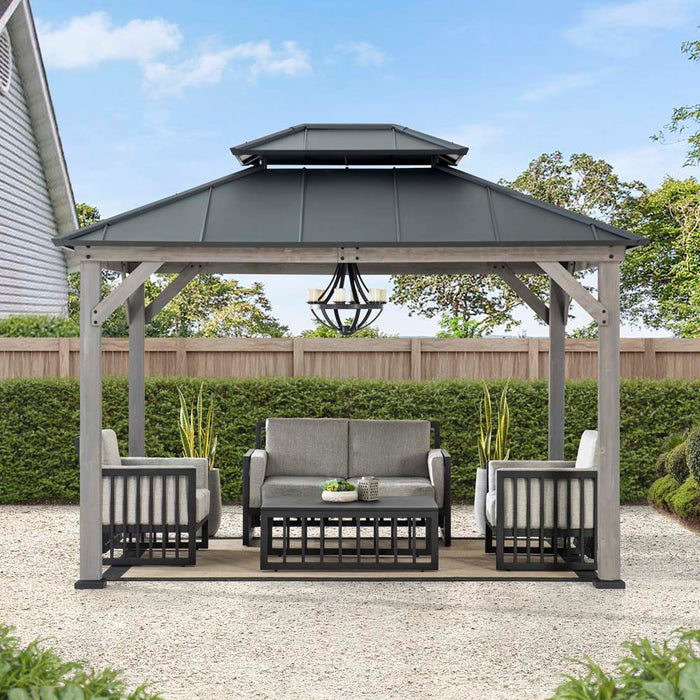 SUNJOY 10x12 Wood Gazebo with 2-tier Metal Roof and Ceiling Hook