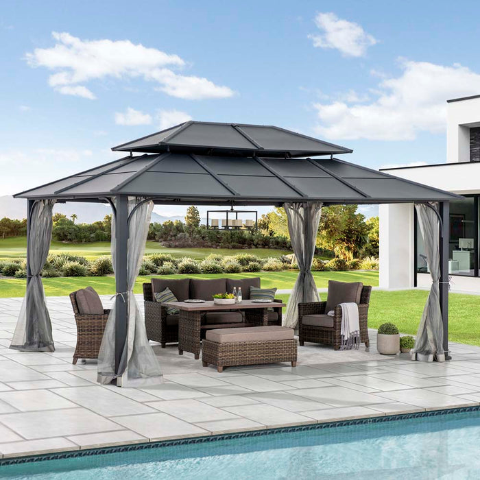 SUNJOY 12x16 Hard Top Gazebo with Steel Roof, Ceiling Hook, and Netting