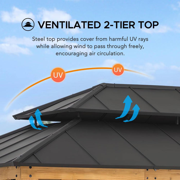 SUNJOY 12x16 Wooden Gazebo with 2-tier Metal Roof and Ceiling Hook