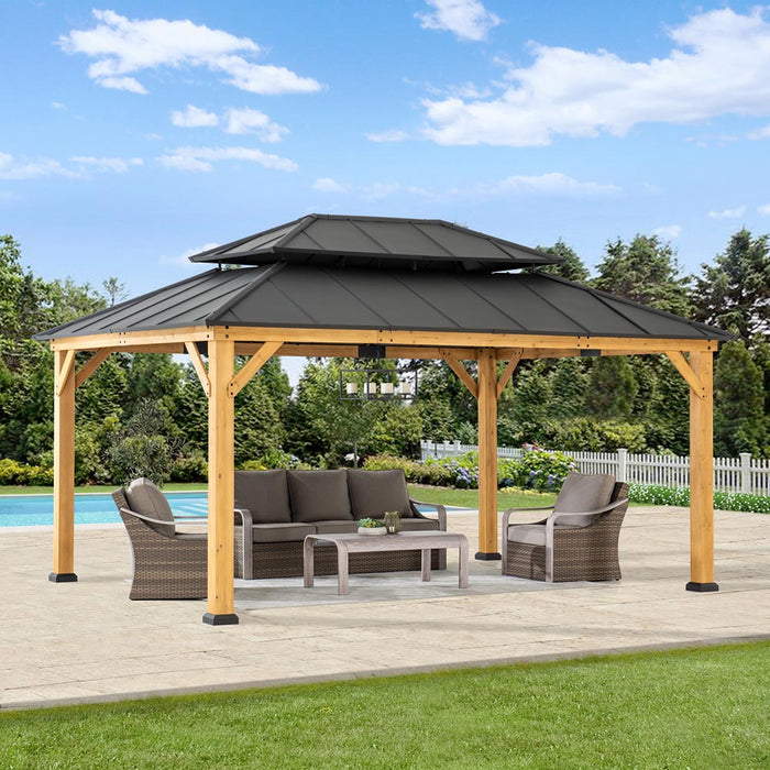 SUNJOY 12x16 Wooden Gazebo with 2-tier Metal Roof and Ceiling Hook