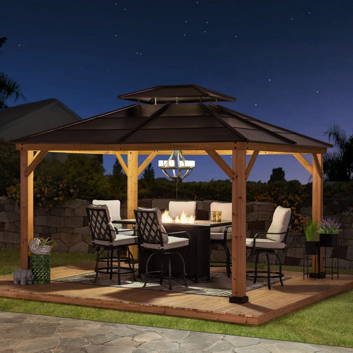 SUNJOY 11x13 Brown Wooden Gazebo with Ceiling Hook