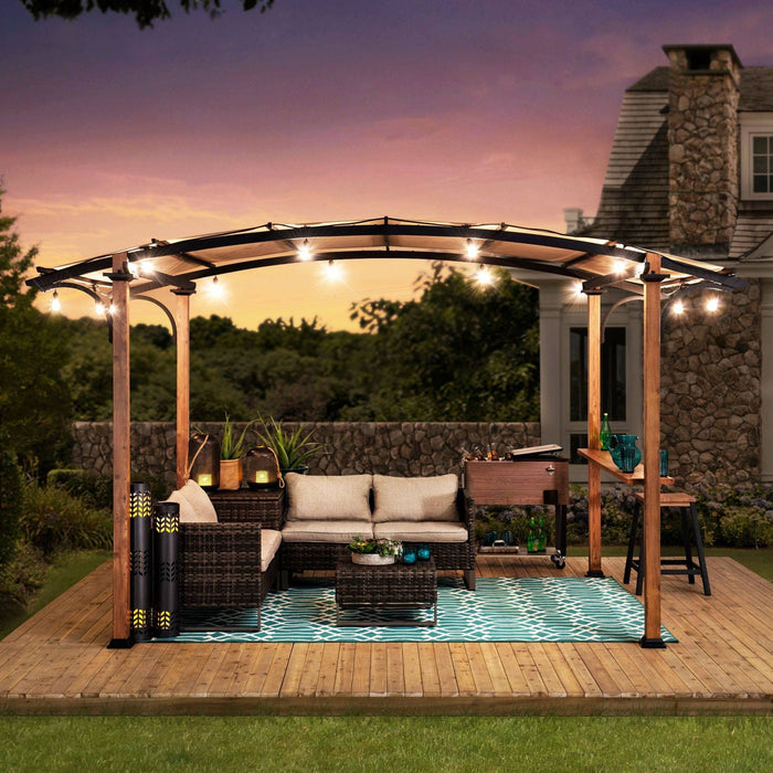 SUNJOY 9x13 Modern Tan Metal Arched Pergola Kit with Bar Shelf