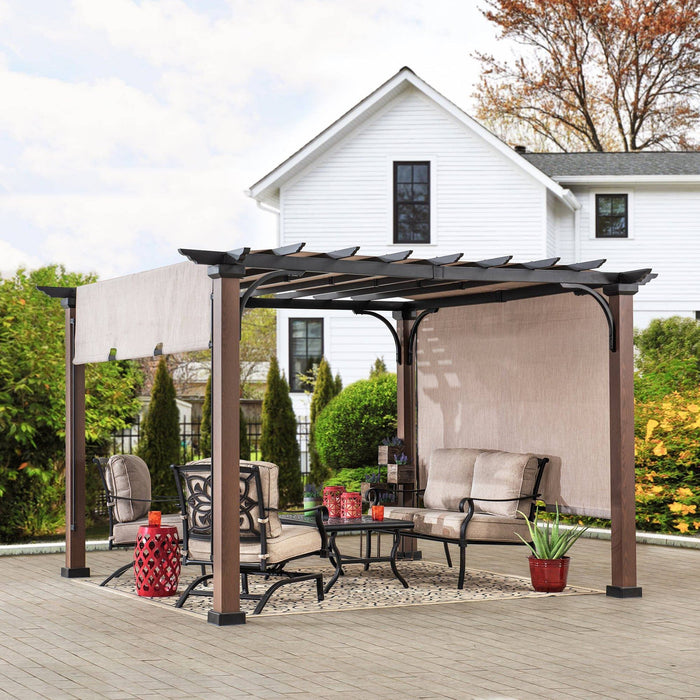 SUNJOY 11x11 Metal Pergola with Sliding Canopy & Wood-Look Finish