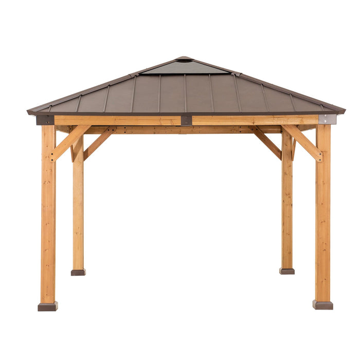 SUNJOY 11x11 Small Outdoor Wooden Gazebo with Metal Roof and Skylight