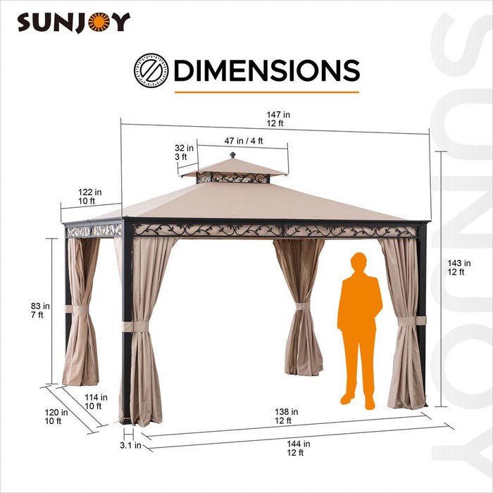 SUNJOY 10x12 Steel Patio Gazebo with Netting and Curtain