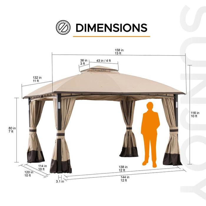 SUNJOY 11x13 Steel Patio Gazebo with LED Light, Bluetooth Speaker and Hook