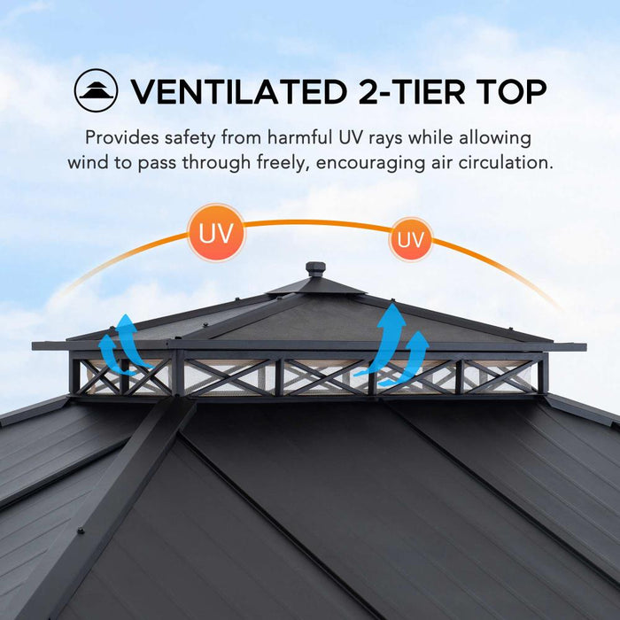 SUNJOY 10x12 Steel Gazebo with 2-Tier Metal Roof and Netting