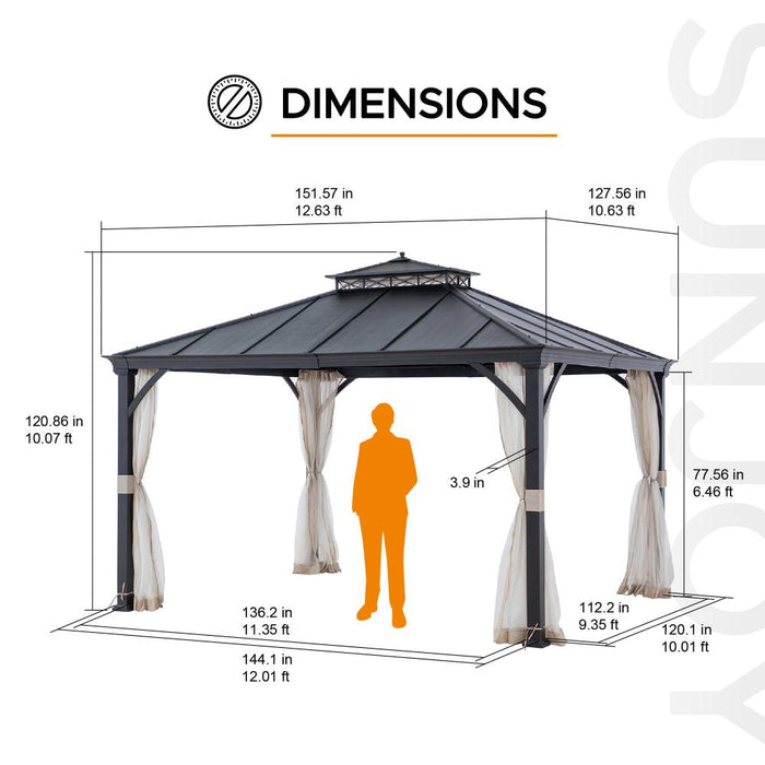 SUNJOY 10x12 Steel Gazebo with 2-Tier Metal Roof and Netting