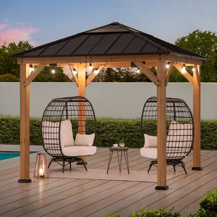 SUNJOY 9x9 Cedar Gazebo with Brown Metal Roof and Ceiling Hook