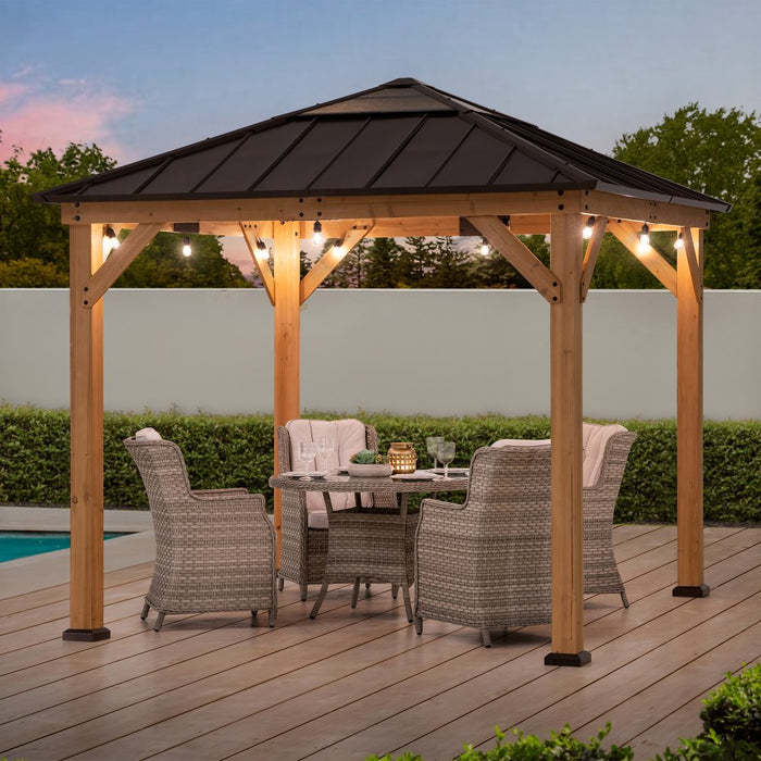 SUNJOY 9x9 Cedar Gazebo with Brown Metal Roof and Ceiling Hook