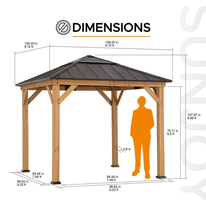 SUNJOY 9x9 Cedar Gazebo with Brown Metal Roof and Ceiling Hook