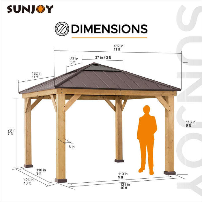 SUNJOY 11x11 Small Outdoor Wooden Gazebo with Metal Roof and Skylight