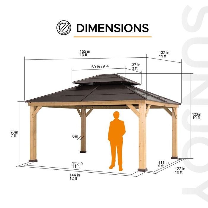 SUNJOY 11x13 Brown Wooden Gazebo with Ceiling Hook