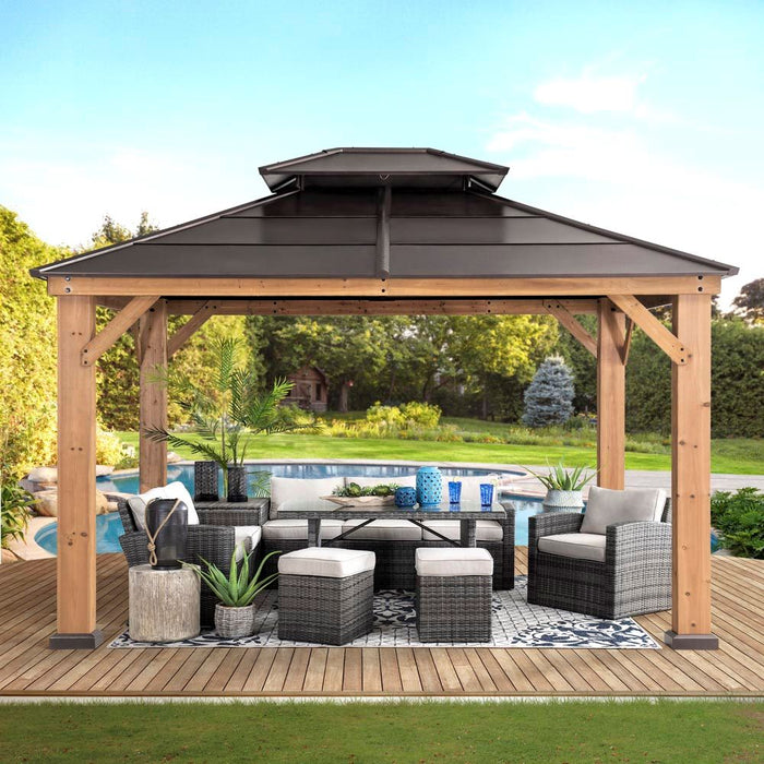 SUNJOY 11x13 Brown Wooden Gazebo with Ceiling Hook