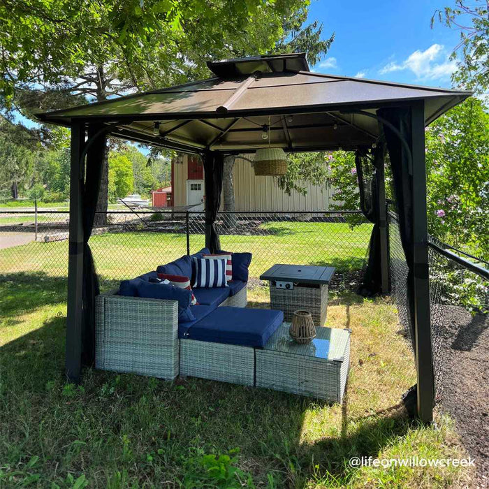 SUNJOY 10x12 Metal Hardtop Gazebo with Netting and Ceiling Hook