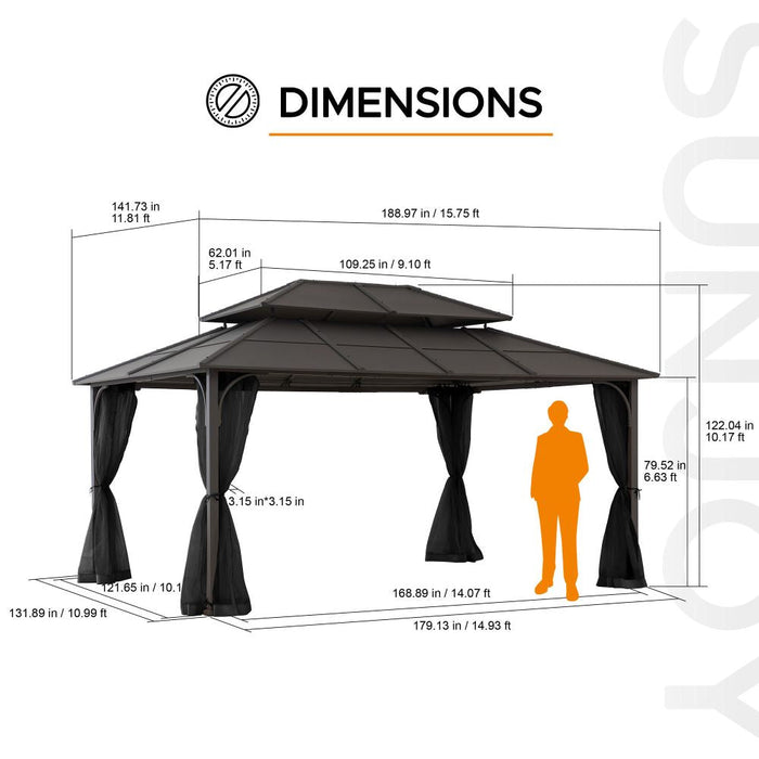 SUNJOY 12x16 Hard Top Gazebo with Steel Roof, Ceiling Hook, and Netting