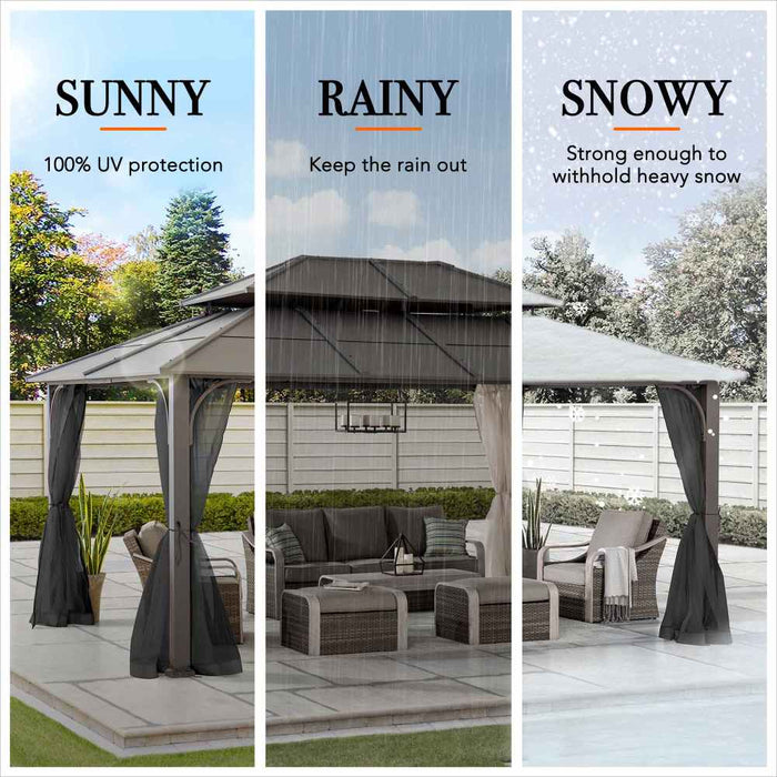 SUNJOY 12x16 Hard Top Gazebo with Steel Roof, Ceiling Hook, and Netting