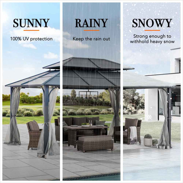 SUNJOY 12x16 Hard Top Gazebo with Steel Roof, Ceiling Hook, and Netting