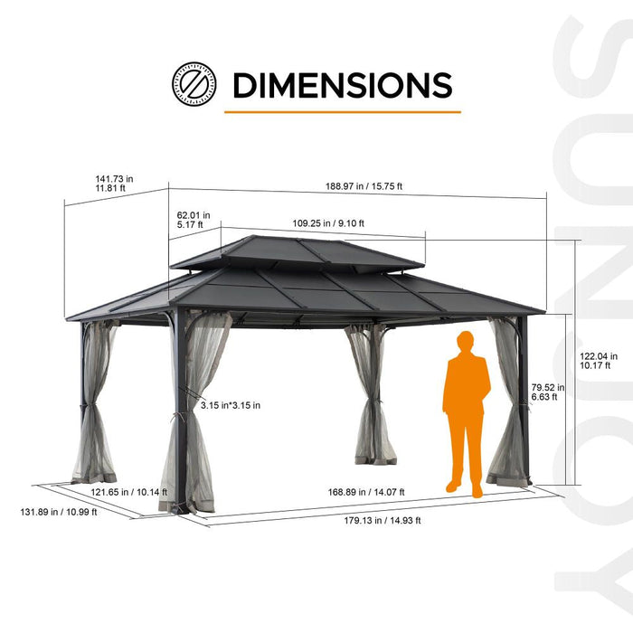 SUNJOY 12x16 Hard Top Gazebo with Steel Roof, Ceiling Hook, and Netting