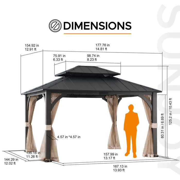 SUNJOY 13x15 Churchill Hardtop Gazebo with Metal Roof and Netting