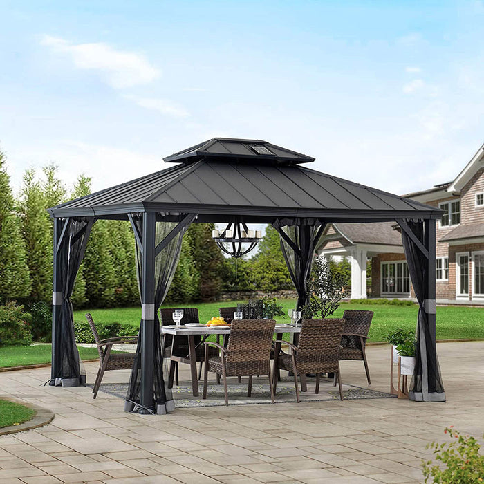 SUNJOY 10x12 Hardtop Gazebo with Solar Panel and Netting