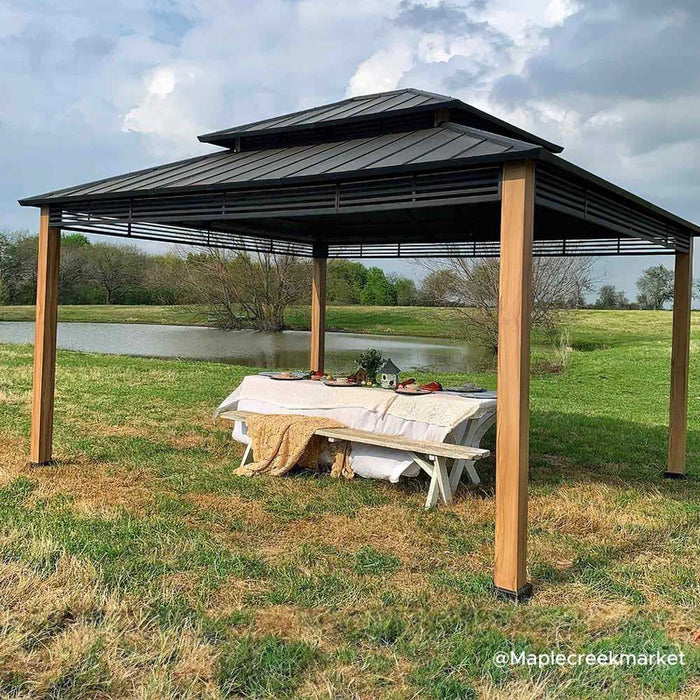 SUNJOY 13x15 Large Modern Gazebo with Metal Wood Look Posts