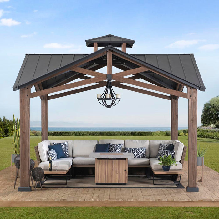 SUNJOY 12.5x12.5 Wooden Frame Hardtop Gazebo with Ceiling Hook