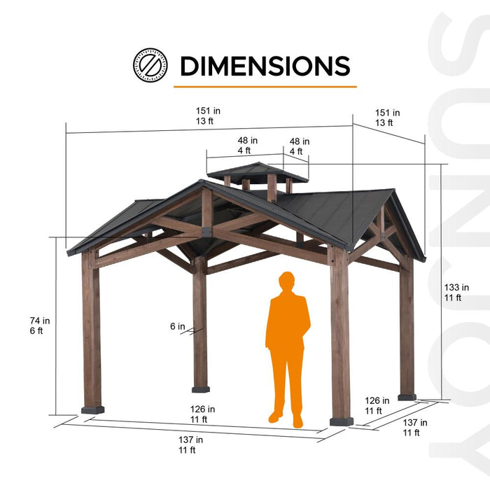 SUNJOY 12.5x12.5 Wooden Frame Hardtop Gazebo with Ceiling Hook