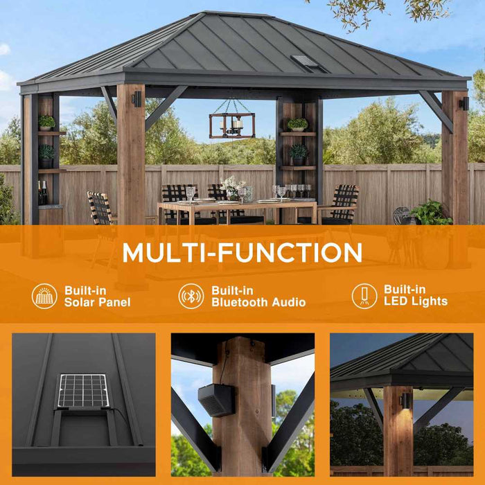 SUNJOY 12x14 Gazebo with Wood Shelves, Solar Speaker, and LED Lights