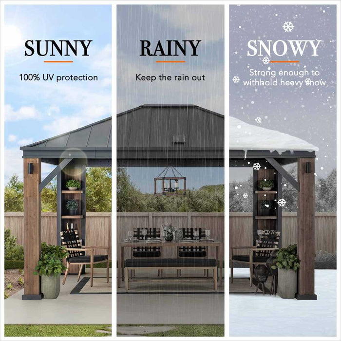 SUNJOY 12x14 Gazebo with Wood Shelves, Solar Speaker, and LED Lights