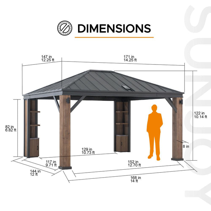 SUNJOY 12x14 Gazebo with Wood Shelves, Solar Speaker, and LED Lights