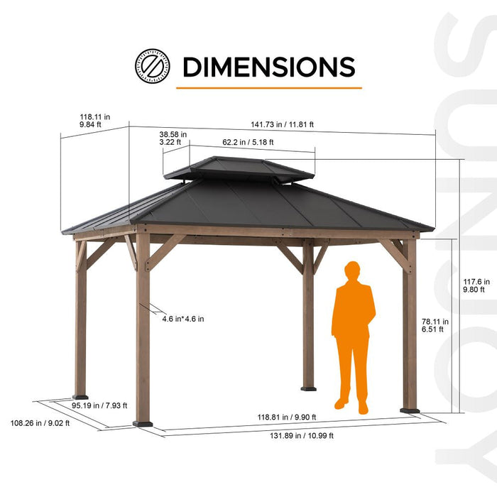 SUNJOY 10x12 Wood Gazebo with 2-tier Metal Roof and Ceiling Hook