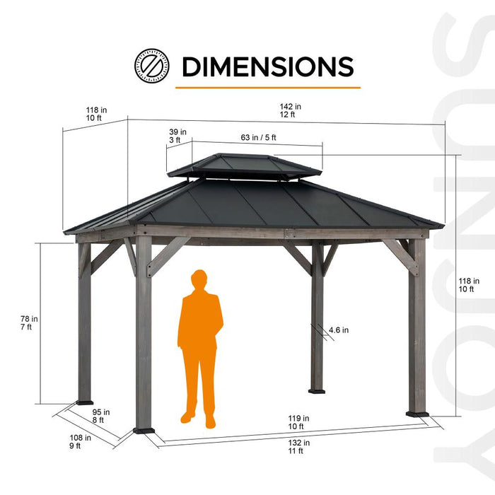 SUNJOY 10x12 Wood Gazebo with 2-tier Metal Roof and Ceiling Hook