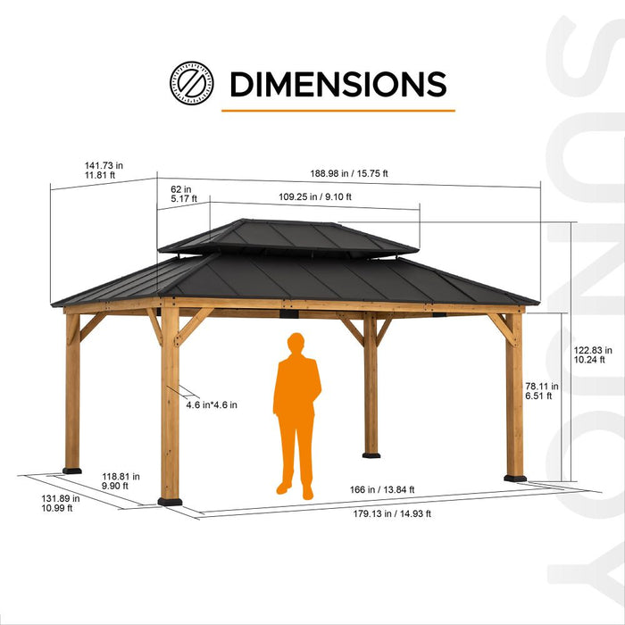 SUNJOY 12x16 Wooden Gazebo with 2-tier Metal Roof and Ceiling Hook