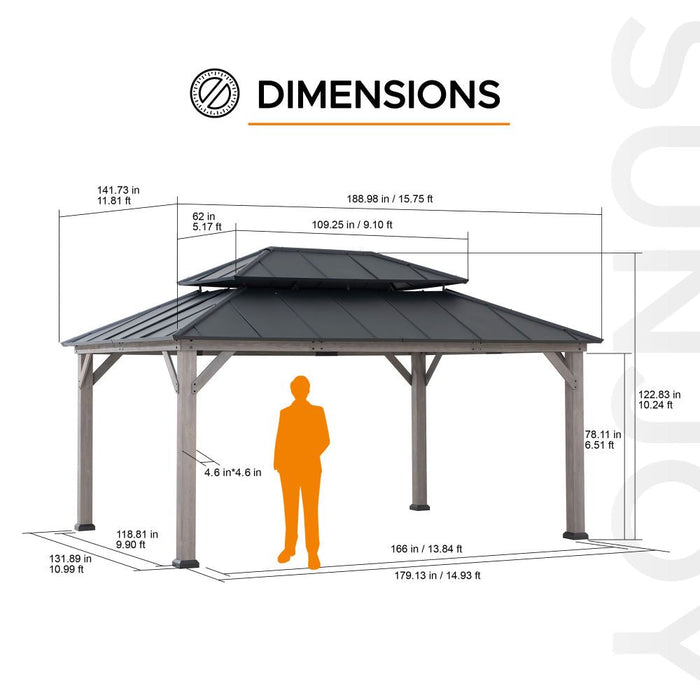 SUNJOY 12x16 Wooden Gazebo with 2-tier Metal Roof and Ceiling Hook