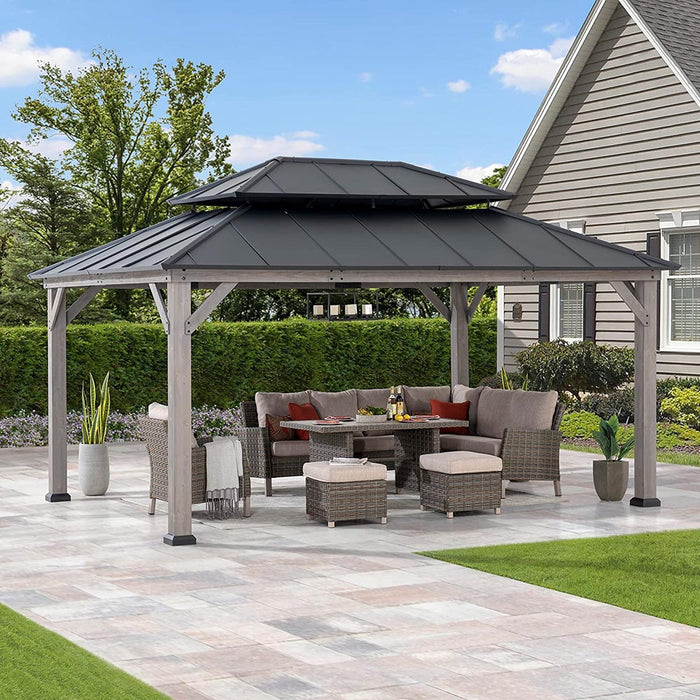 SUNJOY 12x16 Wooden Gazebo with 2-tier Metal Roof and Ceiling Hook