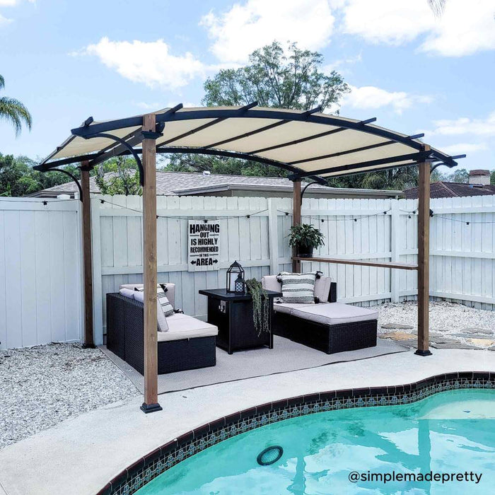 SUNJOY 9x13 Modern Tan Metal Arched Pergola Kit with Bar Shelf