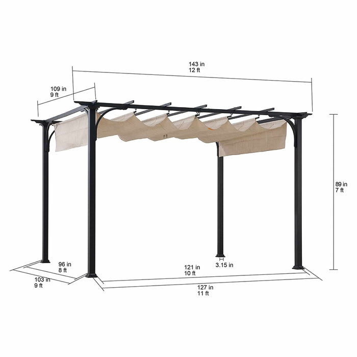 SUNJOY 9x12 Steel Retractable Pergola with Beige Roof for Backyard