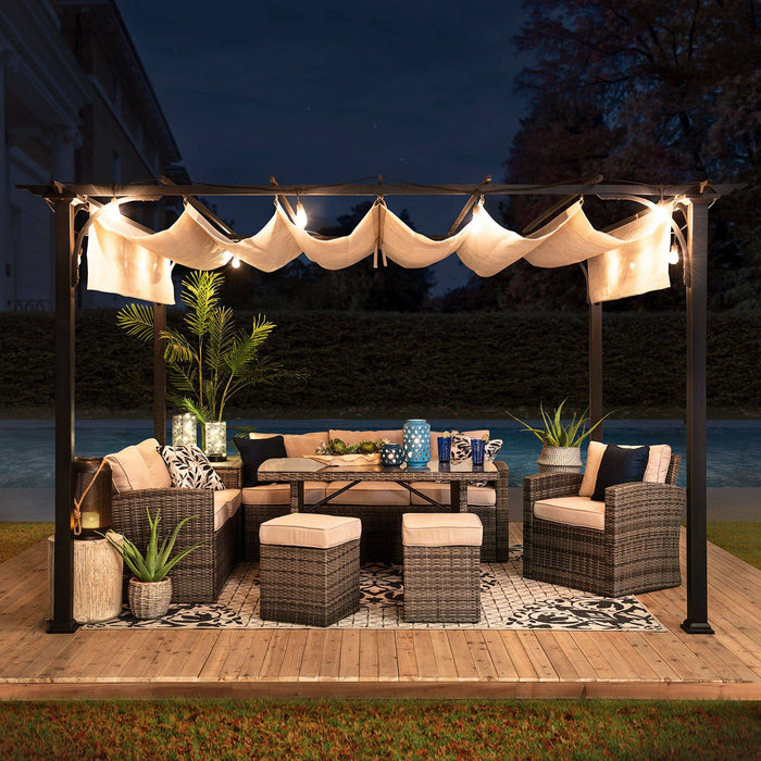 SUNJOY 9x12 Steel Retractable Pergola with Beige Roof for Backyard