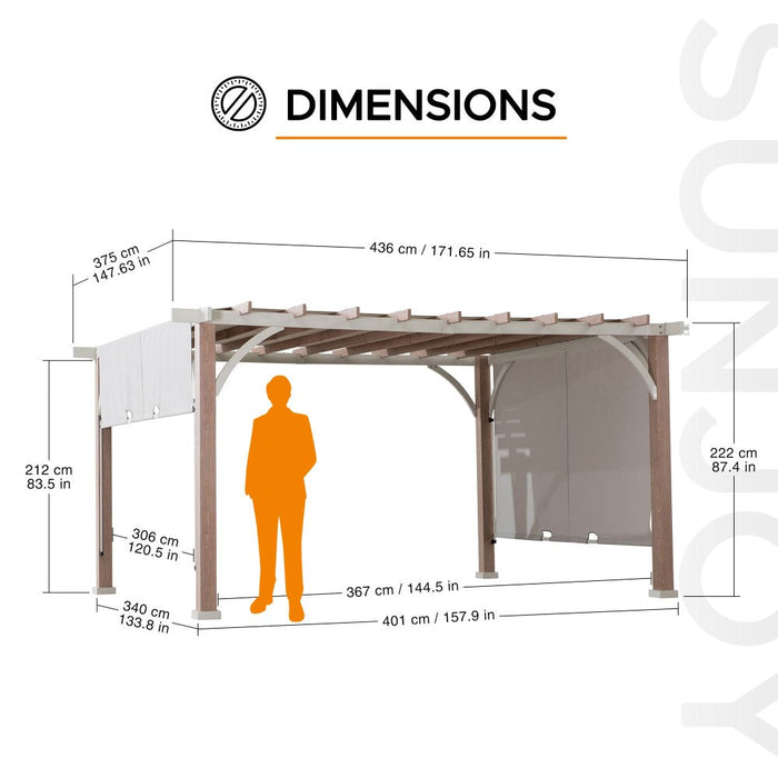 SUNJOY 12x14 Pergola with Sliding Shade Roof & Woodgrain Steel Frame