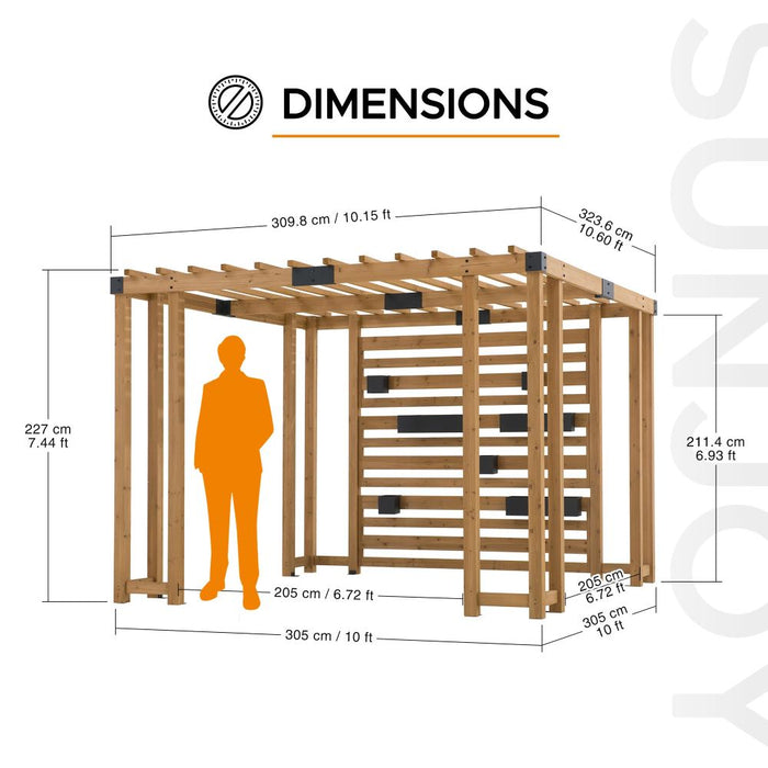 SUNJOY 10x10 Wooden Pergola with Privacy Screen & Hanging Planters