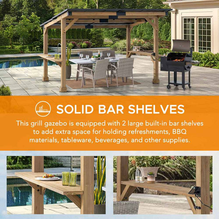 SUNJOY 10x12 Cedar Gazebo Pergola with Bar Shelves and Power Port