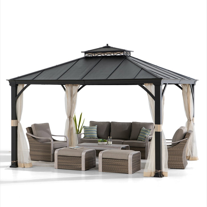 SUNJOY 10x12 Steel Gazebo with 2-Tier Metal Roof and Netting