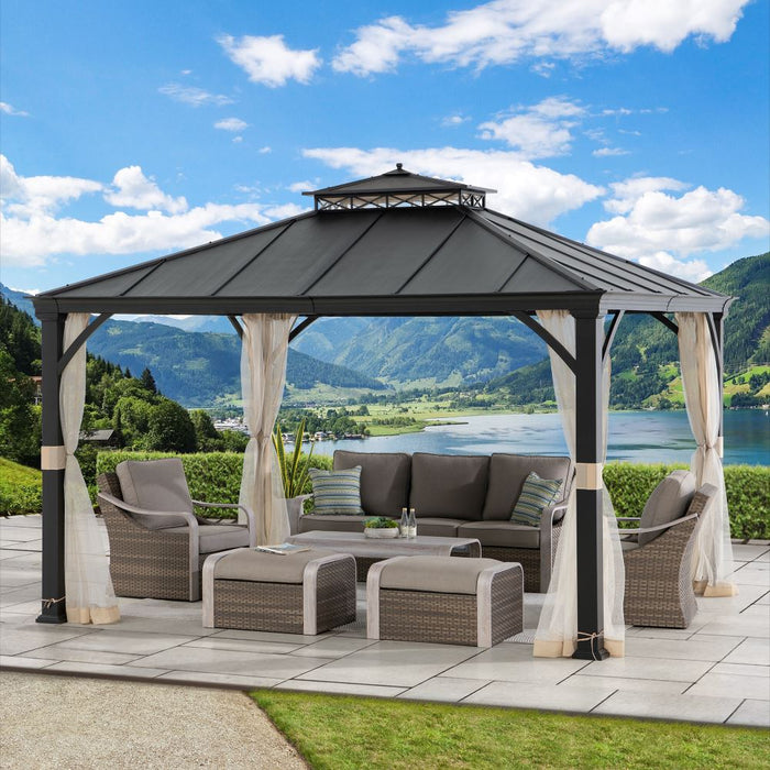 SUNJOY 10x12 Steel Gazebo with 2-Tier Metal Roof and Netting