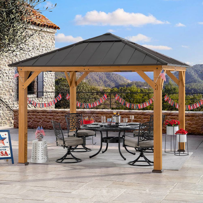 SUNJOY 11x11 Hip Roof Wooden Gazebo with Polycarbonate Skylight