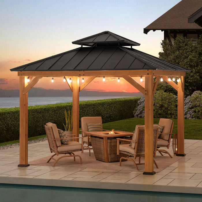 SUNJOY 11x11 Wooden Frame Backyard Hardtop Gazebo with Ceiling Hook